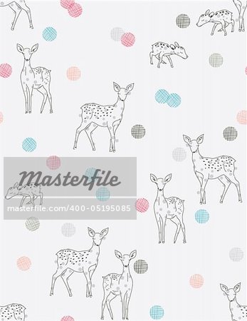 Vector seamless pattern featuring baby deer line art and contemporary polka dots.