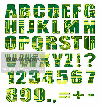 Electronic alphabet with letters and digits from circuit board on white background