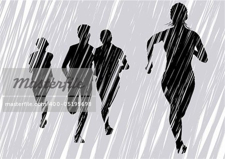 Vector drawing fleeing women. Silhouettes on an gray background