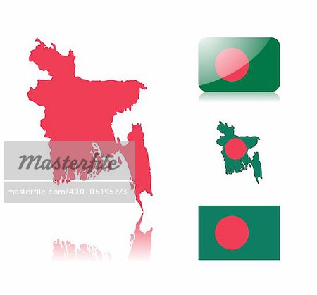 Bangladesh map including: map with reflection, map in flag colors, glossy and normal flag of Bangladesh.