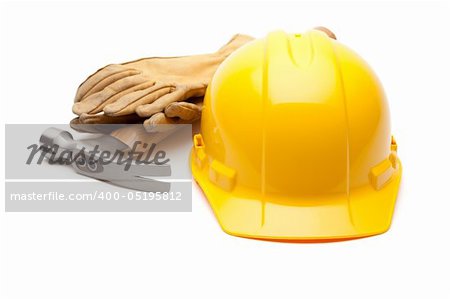 Yellow Hard Hat, Gloves and Hammer Isolated on White.