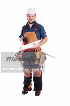 a construction worker with a mug and blue prints
