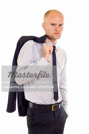 Serious young man  with coat on shoulder over white