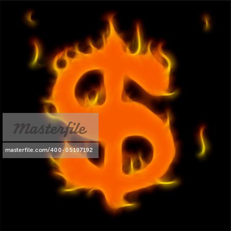 Abstract symbol of dollar. Flame-simulated on black background.