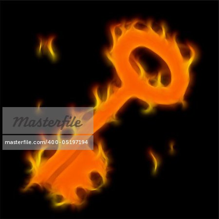 Abstract symbol of key. Flame-simulated on black background.