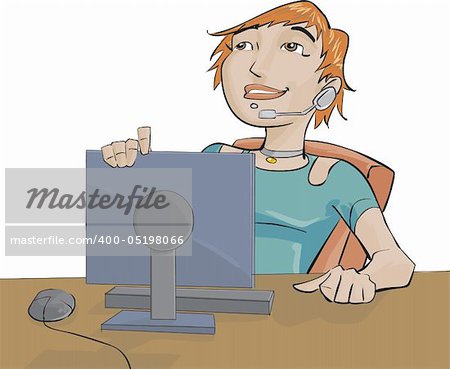 the girl with a headphone and a computer