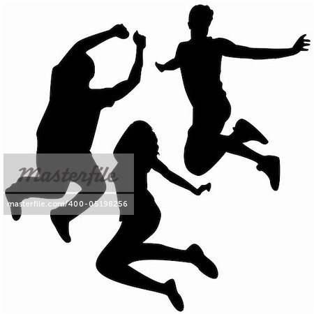 Jump Silhouettes. 3 Friends Jumping. Editable Vector Silhouette