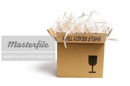 Box of Paper Shreddings on White Background