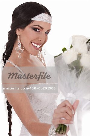Bride with wedding bouquet over white background