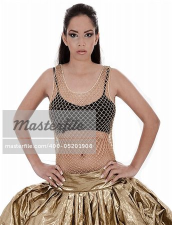 Cute young female posing in belly dancer costume isolated on white background