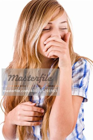 Brunette women enjoying and laughing on a white background