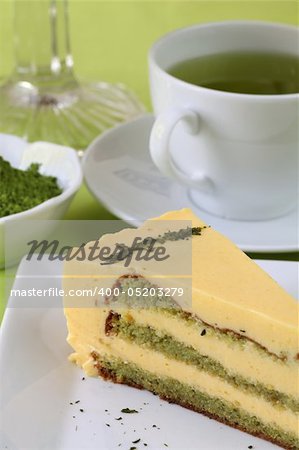 Refreshing matcha green tea cake with lemon mousse