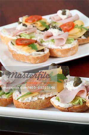 Delicious appetizers with cheese and ham and vegetables