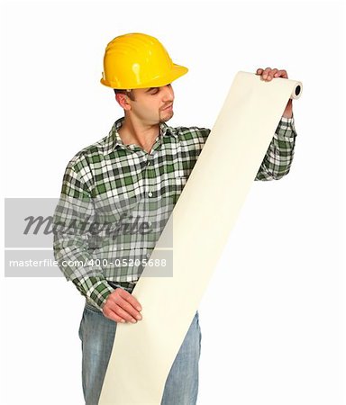 young manual worker with long white paper list