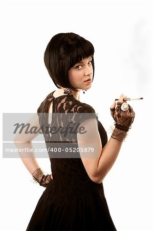 Retro woman with black hair and Parisian 1950s dress