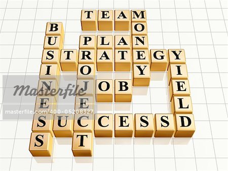 3d golden cubes like crossword - business, success, strategy, project, plan, job, team, money, yield