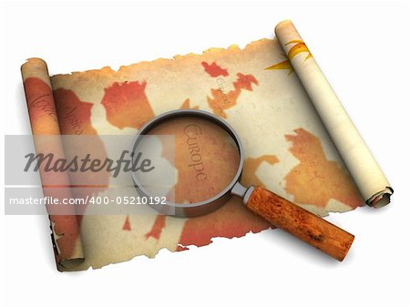 3d illustration of an ancient map and magnify glass, over white background
