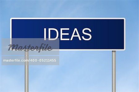 A blue road sign with white text saying Ideas