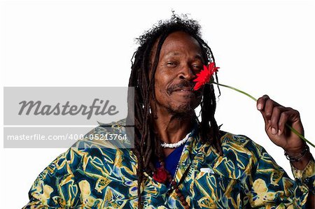 Man holding a red daisy flower, isolated image