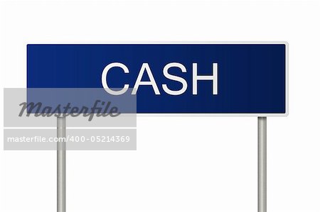 A blue road sign with white text saying Cash