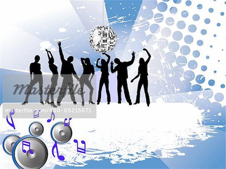 vector illustration of young people silhouettes on an abstract disco background with silver mirrow ball