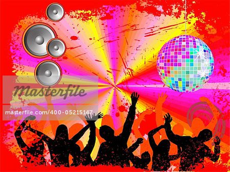 vector illustration of young people silhouettes on an abstract disco background with silver mirrow ball