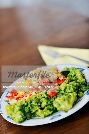 healthy vegetarian vegetables and rice food in dish at kitchen