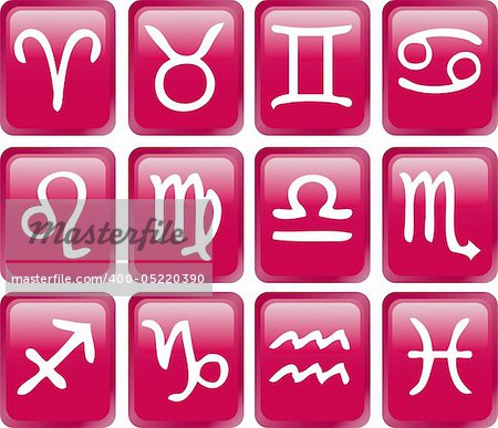 Red glossy square buttons with zodiac signs