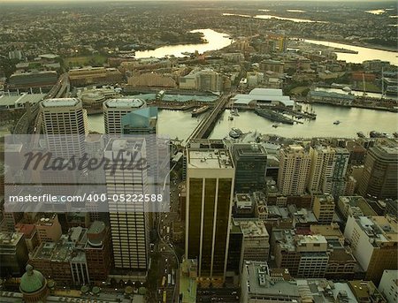 Sydney CBD at sunset aerial view, photo taken from Sydney Tower