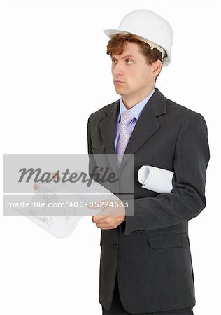 Builder - engineer ponders the project, isolated on a white background