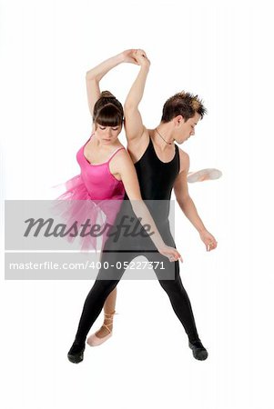 Young couple dancing ballet isolated on white background, full lenght portrait.