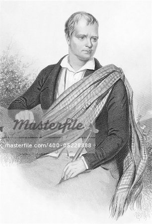 Walter Scott (1771-1832) on engraving from the 1800s. Scottish historical novelist and poet. Engraved by A.H. Payne and published in Leipzig.
