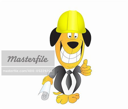 Comic illustration of smiling dog in helmet with blueprint