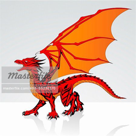 Illustration of fantasy red dragon  This image is a vector illustration and can be scaled to any size without loss of resolution. Included are a .eps and hires jpeg file. You will need a vector editor such as Adobe Illustrator or Coreldraw to use this file.  Each object are grouped and background are on separate layer for easy editing.  All works were created in adobe illustrator.
