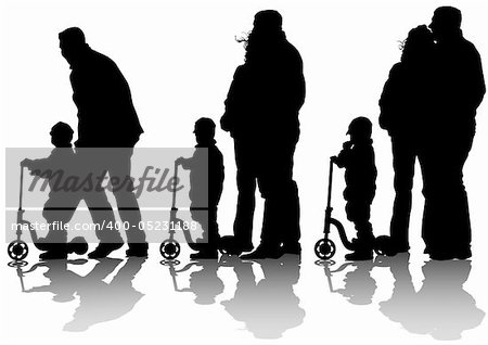 Vector drawing little boy on scooter. Silhouette of people