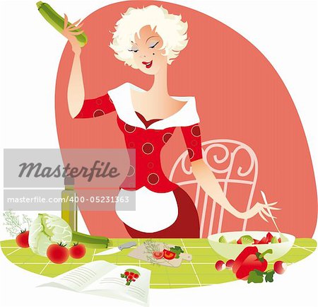 Illustration of a blond lady making summer salad by receipt