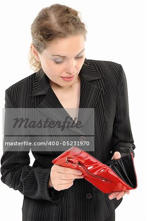 businesswoman with empty purse  on a white background