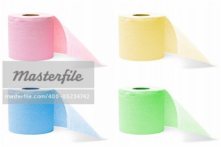 four colorful rolls of toilet paper isolated on white background (8 megapixel each)