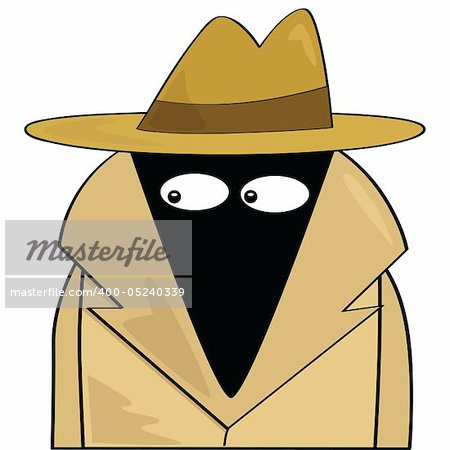 Cartoon illustration of a spy wearing a hat and trenchcoat