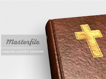 3D Holy bible with golden cross on book from leather on white background