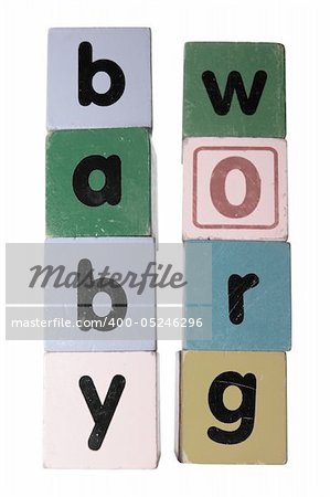 assorted childrens toy letter building blocks against a white background that spell baby grow with clipping path