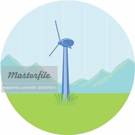 Wind generator is in the field on a background of mountains. All items are on individual layers.Layers are signed, the image is easy to edit.