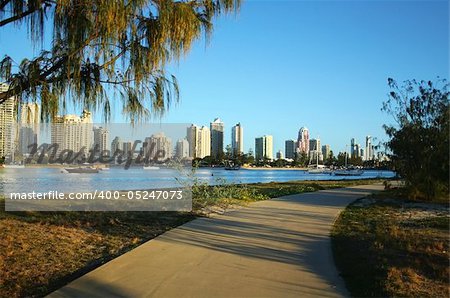 View across the Nerang River to Main Beach and Surfers Paradise on the Gold Coast Australia.