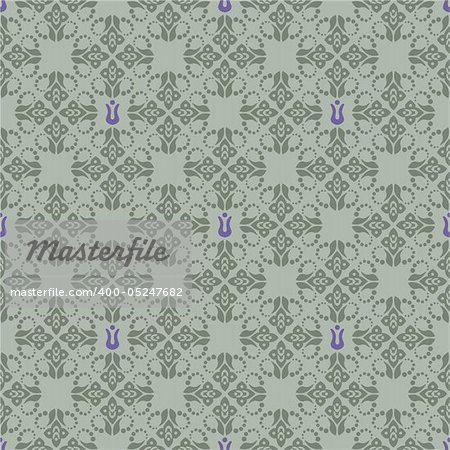 Seamless green and purple floral wallpaper. This image is a vector illustration