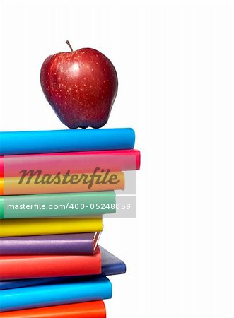 close up of stack of colorful books on white background, with clipping path included