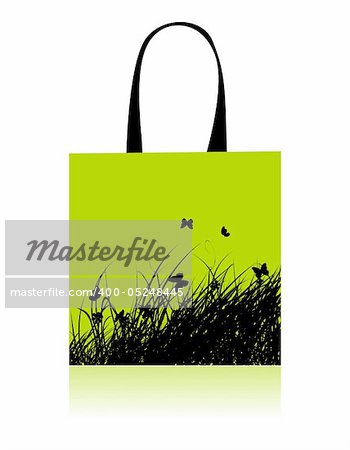 Shopping bag design, grass and butterflies