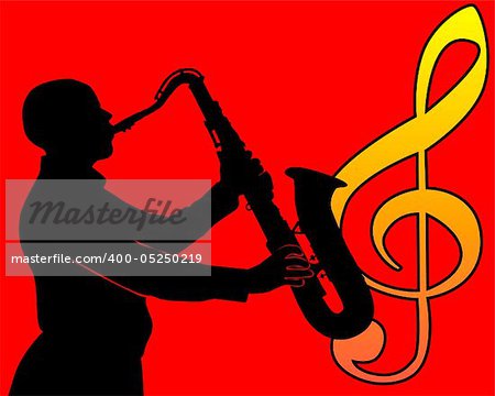 black silhouette of a saxophone player on a red background