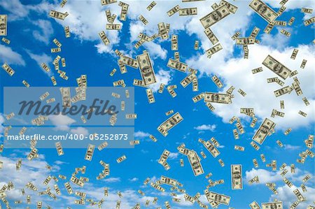 High quality 3D render of tons of hundred dollar bills floating in the air