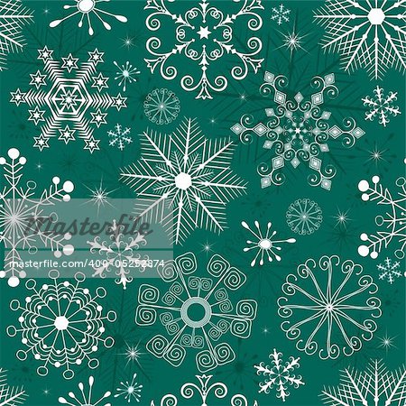 Seamless green christmas pattern with white snowflakes (vector)