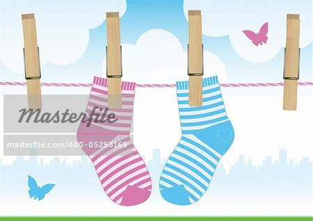 Vector illustration of a clothesline with clothes pins and baby socks. All vector objects and details are isolated and grouped. Colors and picture composition are easy to customize.